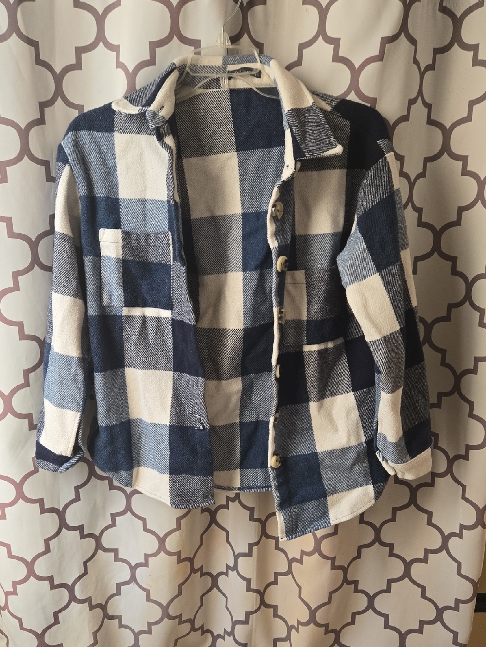 Blue and Cream Plaid Button-Front Jean Shacket